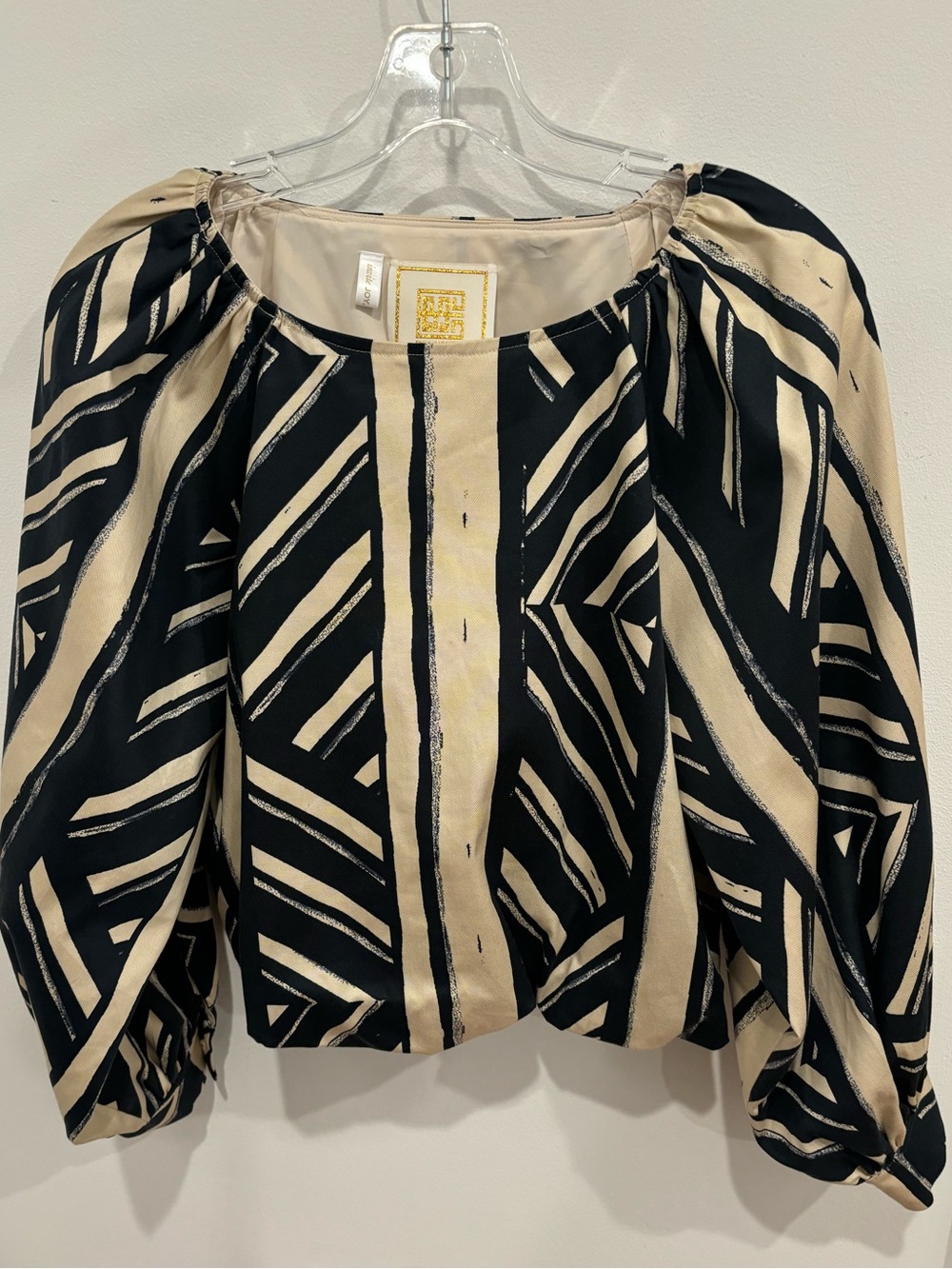 Emily McCarthy Abstract Stripe Puff Sleeve Blouse Navy Tan Womens XS Luxury Boho